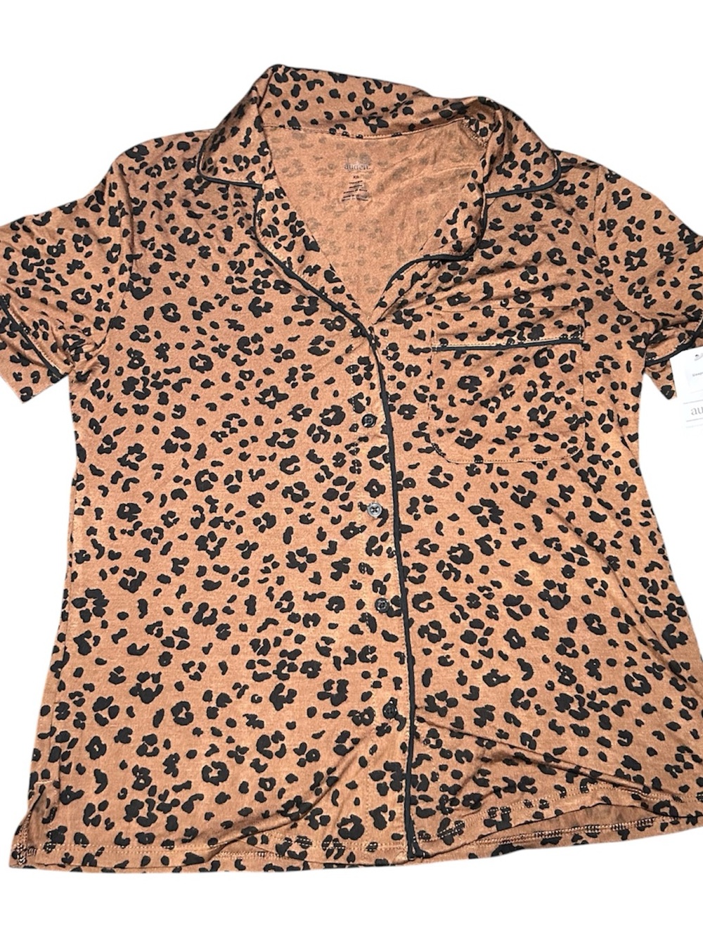 Auden Tan Short Sleeve Leopard Button-Down Top with Black Trim